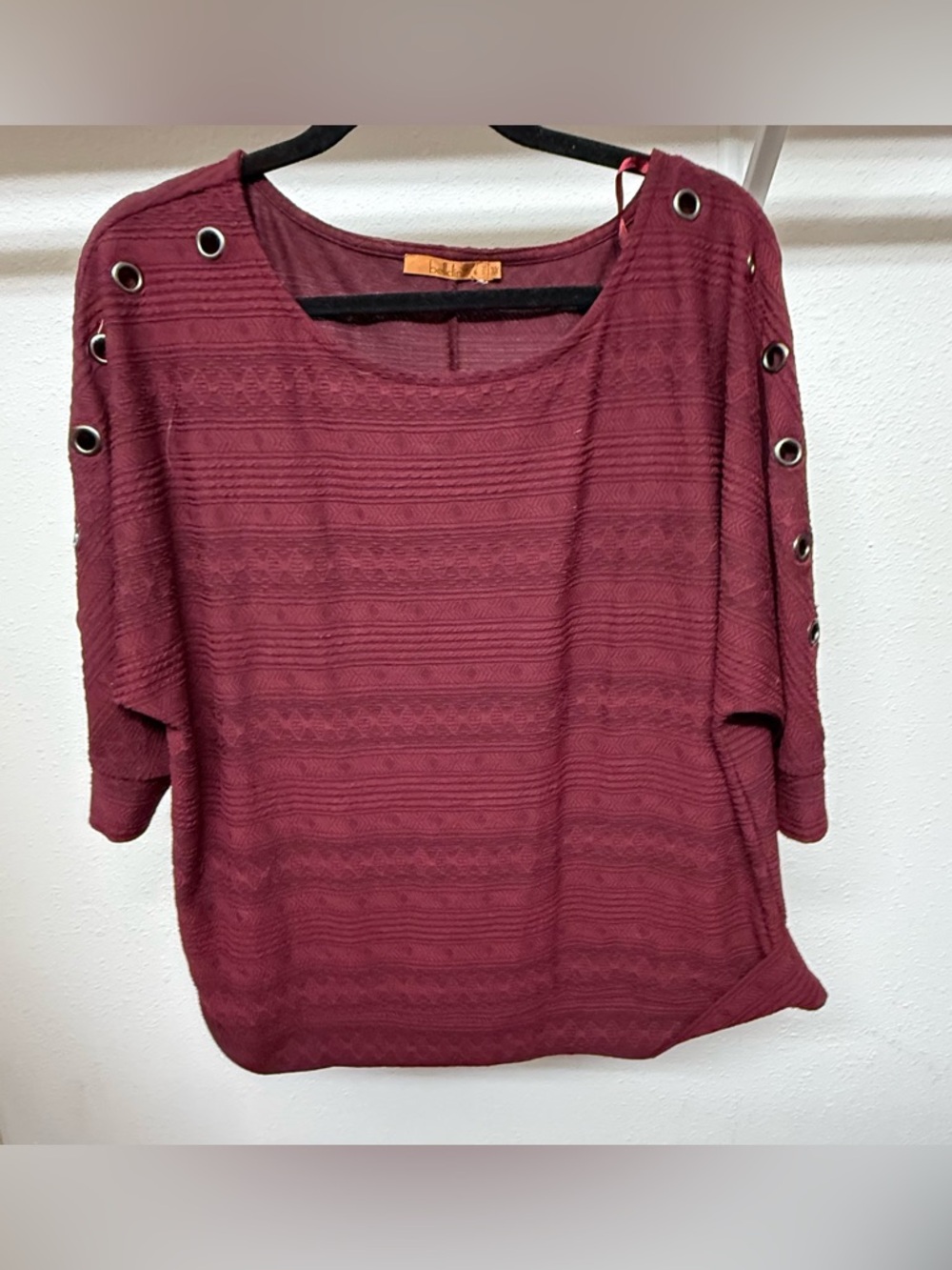Belldini Burgundy Knit Top Eyelet Detail Maroon Chic Stretch Blouse 1X
